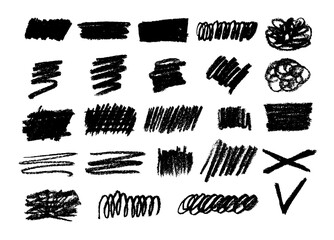 Black pencil hand drawn curly lines and  wide strokes, circles. Scribble strokes vector set. Hand drawn marker scribbles, trendy pencil sketches, drawings.  