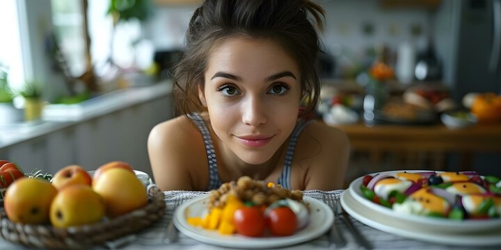 Young woman with eating disorders concerns about body image and nutrition. Concept Body Image, Nutrition, Eating Disorders, Mental Health, Wellness