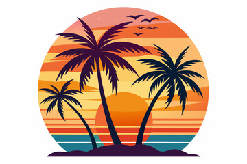 Tropical sunset with palm trees vector illustration, Retro and vintage summer vibes t-shirt design with palm tree
