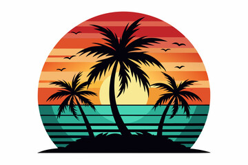 Tropical sunset with palm trees vector illustration, Retro and vintage summer vibes t-shirt design with palm tree
