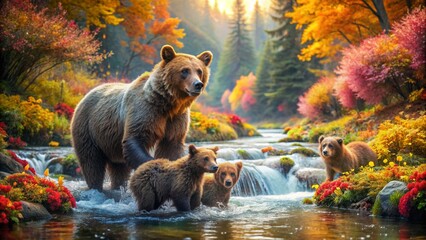 family bear Mother bear and Bear cub happy in a stream in the Autumn forest with colorful flowers