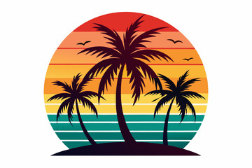 Tropical sunset with palm trees vector illustration, Retro and vintage summer vibes t-shirt design with palm tree
