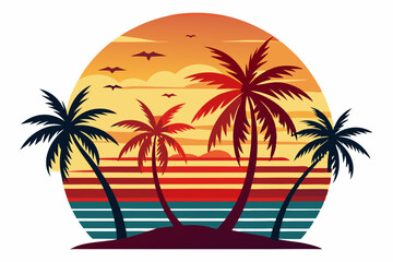 Tropical sunset with palm trees vector illustration, Retro and vintage summer vibes t-shirt design with palm tree
