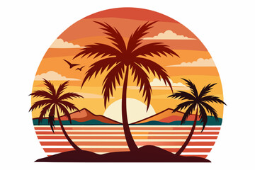 Tropical sunset with palm trees vector illustration, Retro and vintage summer vibes t-shirt design with palm tree
