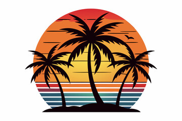 Tropical sunset with palm trees vector illustration, Retro and vintage summer vibes t-shirt design with palm tree
