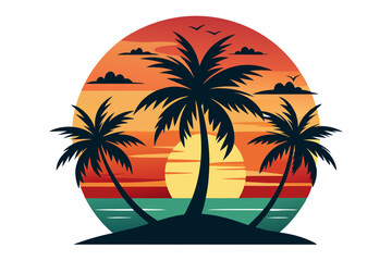 Tropical sunset with palm trees vector illustration, Retro and vintage summer vibes t-shirt design with palm tree

