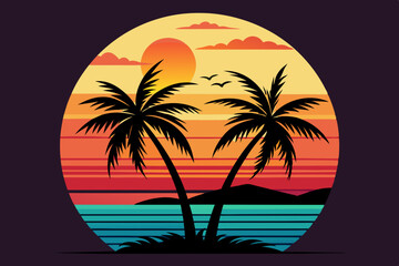 Tropical sunset with palm trees vector illustration, Retro and vintage summer vibes t-shirt design with palm tree
