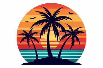 Tropical sunset with palm trees vector illustration, Retro and vintage summer vibes t-shirt design with palm tree
