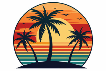 Tropical sunset with palm trees vector illustration, Retro and vintage summer vibes t-shirt design with palm tree
