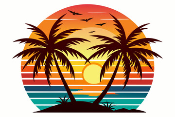 Tropical sunset with palm trees vector illustration, Retro and vintage summer vibes t-shirt design with palm tree
