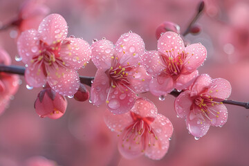 Obraz premium Captivating closeup image of delicate pink cherry blossoms covered in morning dew drops