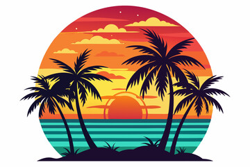 Tropical sunset with palm trees vector illustration, Retro and vintage summer vibes t-shirt design with palm tree
