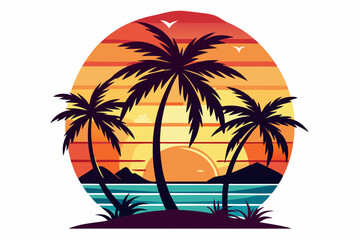 Tropical sunset with palm trees vector illustration, Retro and vintage summer vibes t-shirt design with palm tree
