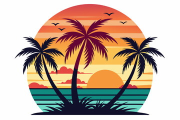 Tropical sunset with palm trees vector illustration, Retro and vintage summer vibes t-shirt design with palm tree
