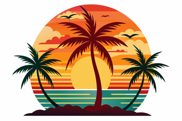 Tropical sunset with palm trees vector illustration, Retro and vintage summer vibes t-shirt design with palm tree
