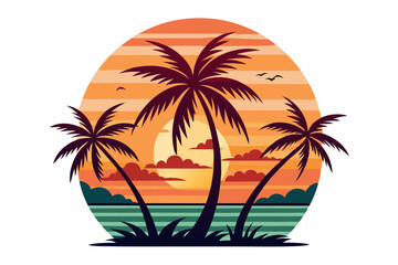 Tropical sunset with palm trees vector illustration, Retro and vintage summer vibes t-shirt design with palm tree
