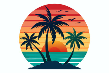 Tropical sunset with palm trees vector illustration, Retro and vintage summer vibes t-shirt design with palm tree
