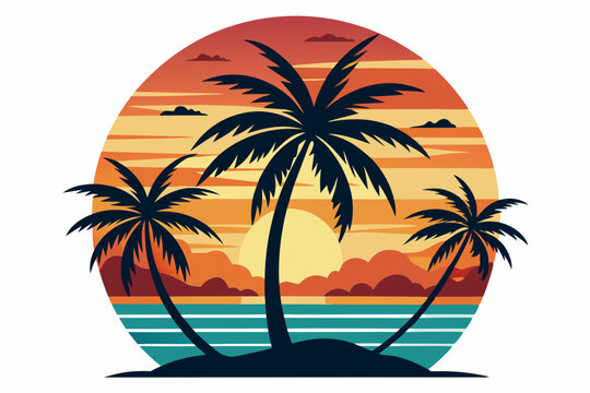 Tropical sunset with palm trees vector illustration, Retro and vintage summer vibes t-shirt design with palm tree
