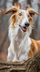 A borzoi dog with a white and brown coat is standing behind a tree branch, looking for food