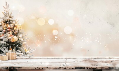 an empty wooden table in a setting with a christmas tree, in the style of light white and light brown, multilayered texture, bokeh, light orange and light gray, organic