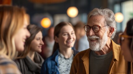 Fototapeta premium Group of People of Various Ages Working in a Modern Office, Engaging in Conversations and Smiling at Each Other