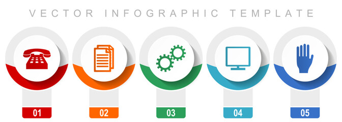 Technology icon set, miscellaneous vector icons such as phone, document, gears, tv and hand, modern design infographic template, web buttons in 5 color options