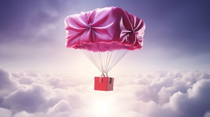 3D red parachute carrying purple gift box
