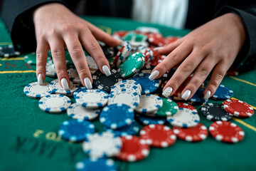 female hand takes poker chips from a pile at a round poker table. risky bets in poker. a woman plays a man's game