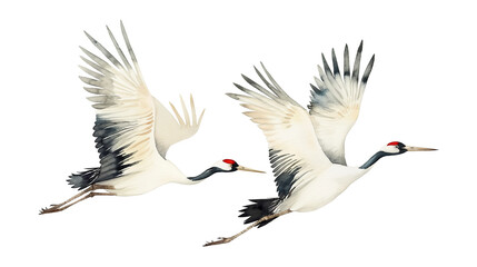 A pair of flying crane birds. inspired by Japan crane bird flying and Dancing. Watercolor illustration. Beautiful cute hand drawn painting for decoration, postcards. Asian culture isolated on a transp