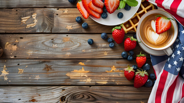 Waffles and coffee with flags and stars on the 4th Juli background
