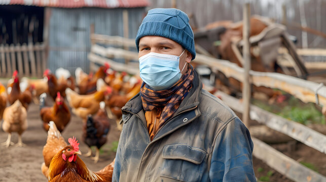 Bird flu virus outbreak, farmer use mask, for safety.