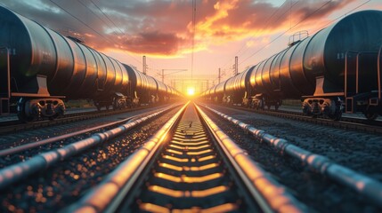 Obraz premium Majestic Sunset Over Rail Yard With Oil Tanker Train