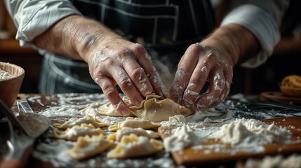 Hands making dumplings with flour on wooden table