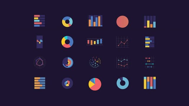 Statistical graphs animations. Data organization plots animated elements. Bar charts, pie diagrams. Isolated color illustrations on dark background. Transition alpha. HD video. Icon pack