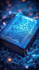 Mystical glowing book with intricate patterns, resting amidst ethereal lights. Perfect for fantasy, magic, and enchanted themes.
