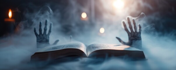 Mystical hands emerging from foggy mist with an open book under ambient candlelight, perfect for fantasy and mysterious themes.