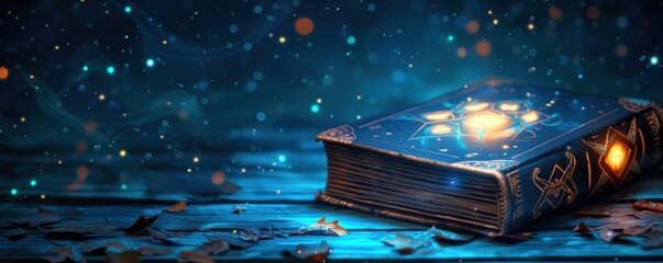 Mystical book of spells glowing with magical energy, illuminating a dark, starry background. Perfect for fantasy and adventure themes.