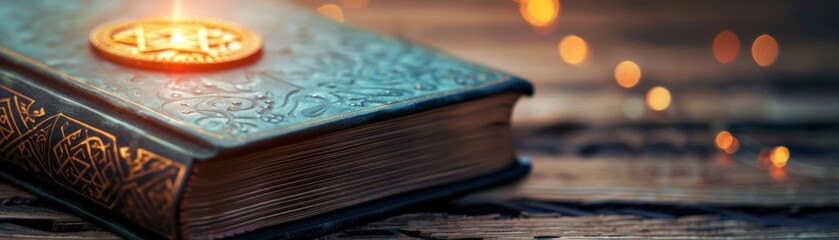 Old mystical book with glowing symbol on wooden table surrounded by magical lights, creating a mysterious and enchanting atmosphere.