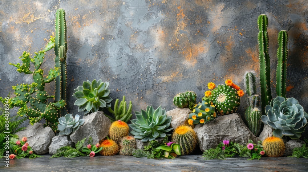 Poster A close-up image of a variety of cactus and succulents arranged on gray stone. The background features a textured gray wall.