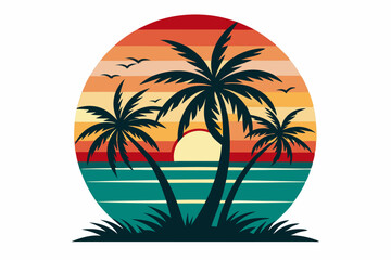 Tropical sunset with palm trees vector illustration, Retro and vintage summer vibes t-shirt design with palm tree
