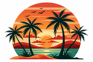 Tropical sunset with palm trees vector illustration, Retro and vintage summer vibes t-shirt design with palm tree
