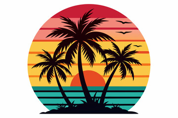 Tropical sunset with palm trees vector illustration, Retro and vintage summer vibes t-shirt design with palm tree
