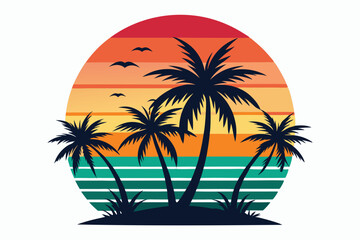 Tropical sunset with palm trees vector illustration, Retro and vintage summer vibes t-shirt design with palm tree
