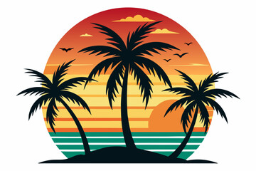 Tropical sunset with palm trees vector illustration, Retro and vintage summer vibes t-shirt design with palm tree
