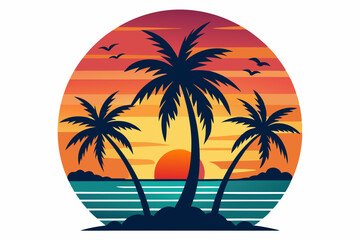 Tropical sunset with palm trees vector illustration, Retro and vintage summer vibes t-shirt design with palm tree
