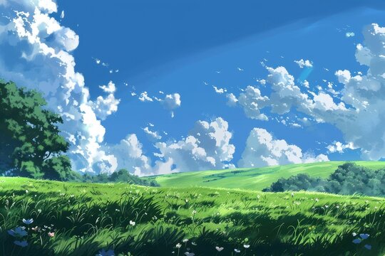 Green field with rolling hills under a blue sky with puffy white clouds.  Beautiful landscape with green grass, hills, and clouds in a minimalist art style