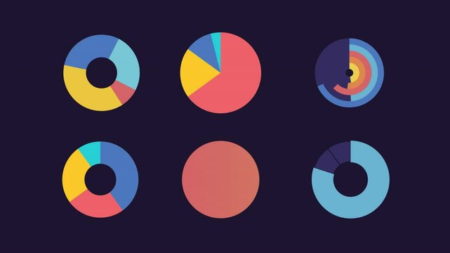Pie charts animations. Circling diagrams animated elements. Filling up sectors. Statistical instruments. Isolated color illustrations on dark background. Transition alpha. HD video. Icon pack