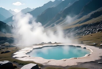 Iceland wild mountain landscape with natural hot springs with water vapor  from it