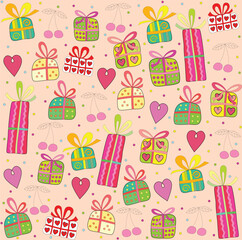 Gifts on a pink seamless background. Various colored gifts like elements on a seamless pink background 