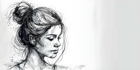 Fototapeta premium Stylish black ink drawing of a young woman with a bun. Concept Portrait Drawing, Ink Illustration, Fashion Sketch, Young Woman, Stylish Bun
